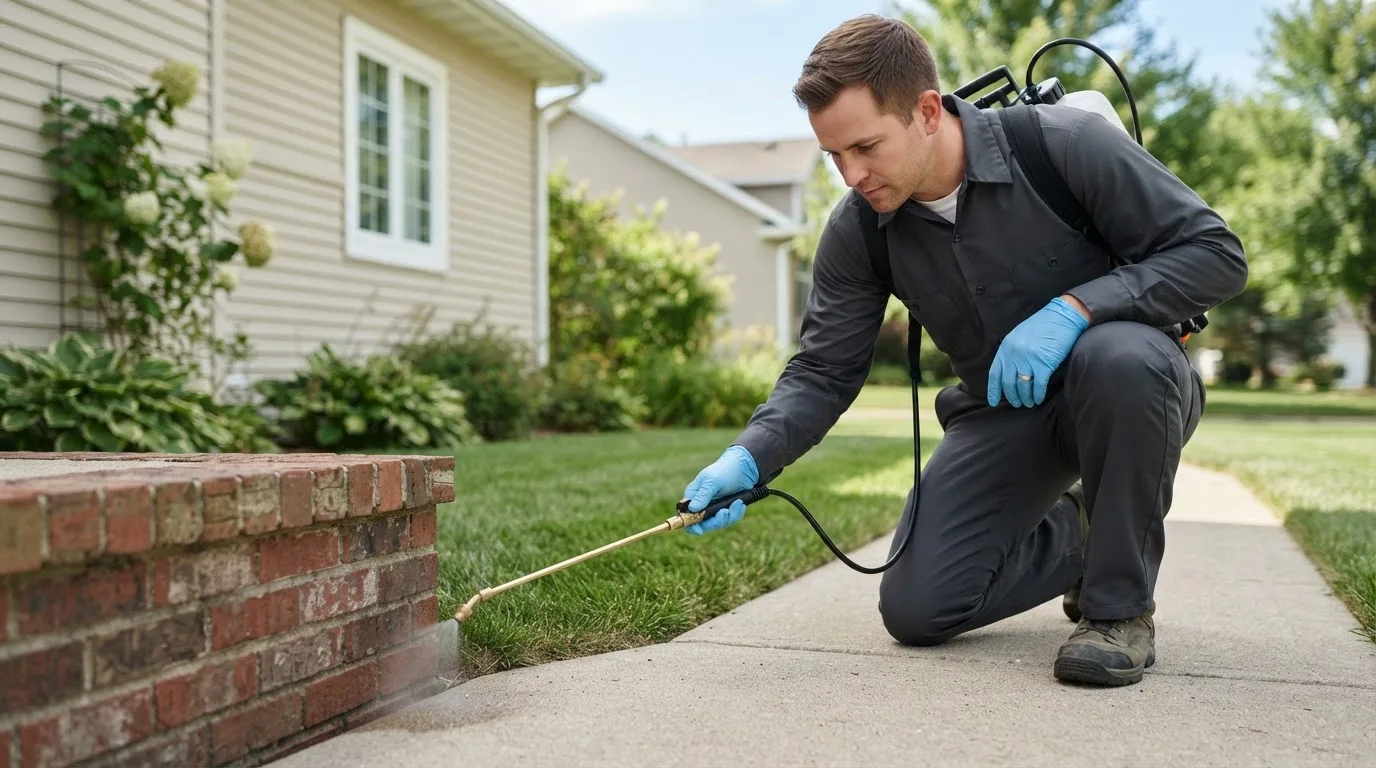 Pest control technician treating a home near Villisca, IA