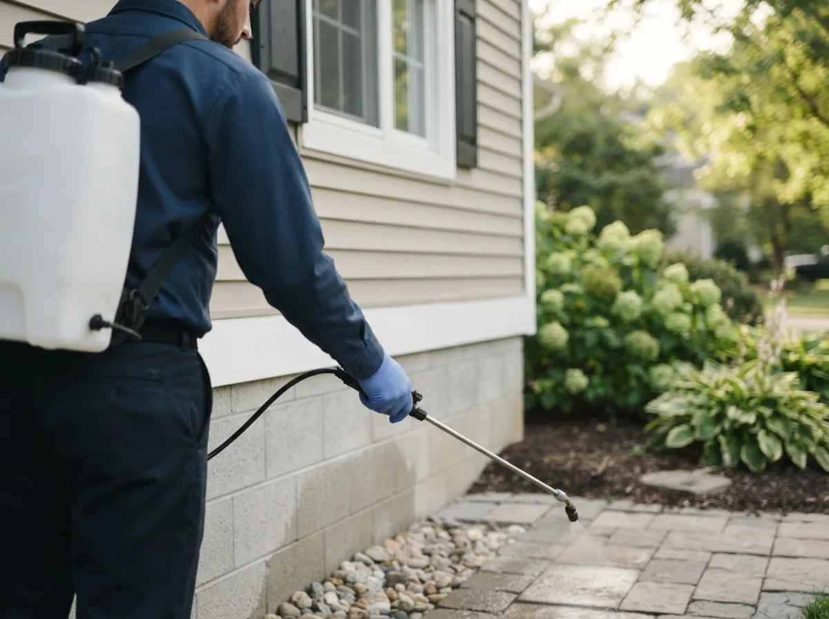 Pest control technician inspecting a home in Villisca, IA